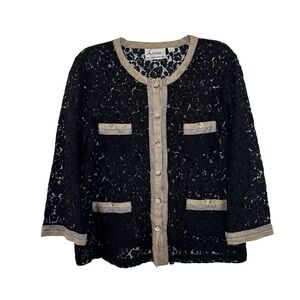 Linea Louis Dell'Olio Black Floral Lace Elegant Jacket Top Size Large 3/4 Sleeve